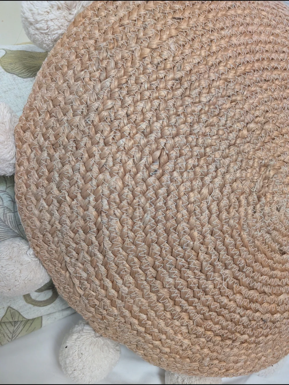 Bohemian Large Round Woven Jute Pillow With Pom Poms